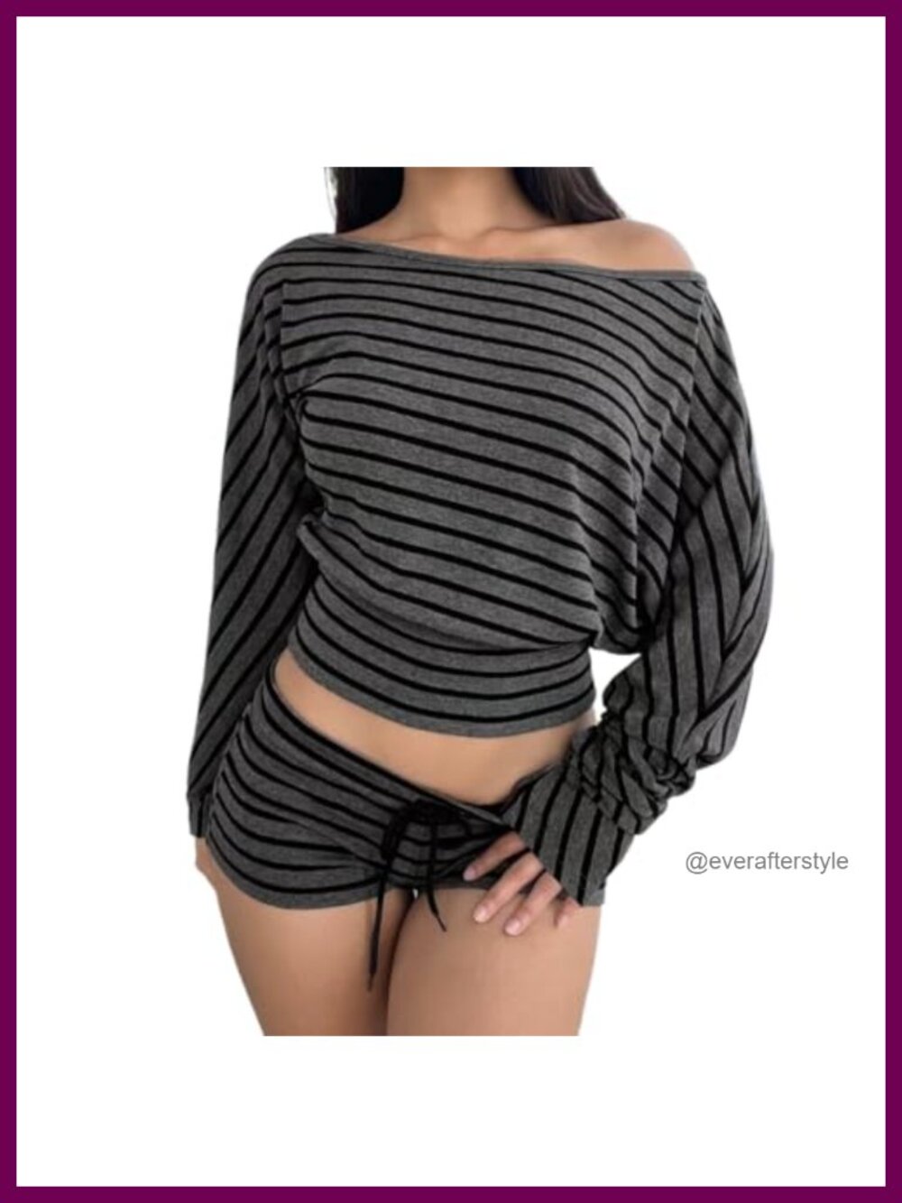 Y2K Striped 2 Piece Set Skew Collar Long Sleeve T-Shirt Drawstring Shorts